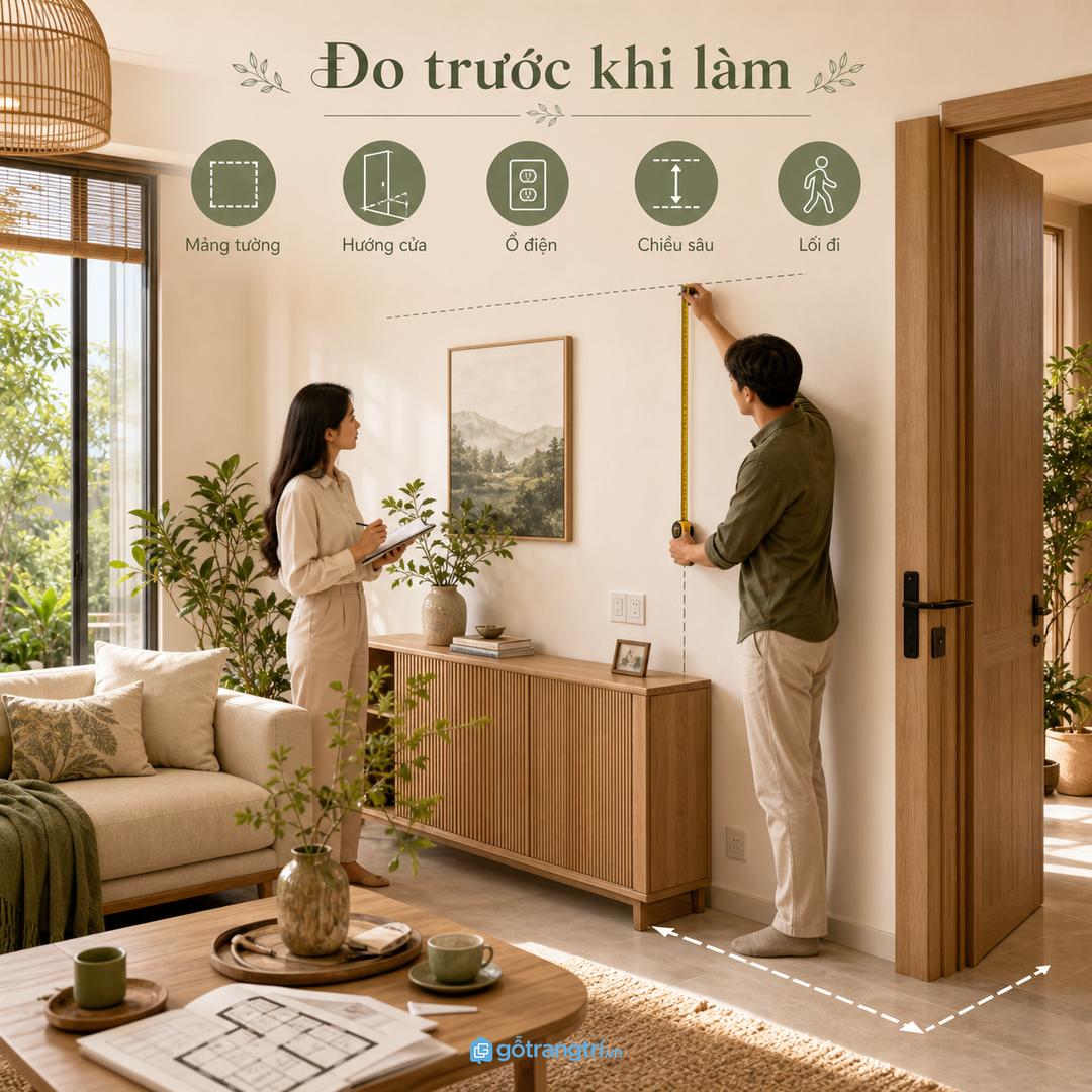 Đo tường, hướng cửa và ổ điện trước khi đặt làm tủ