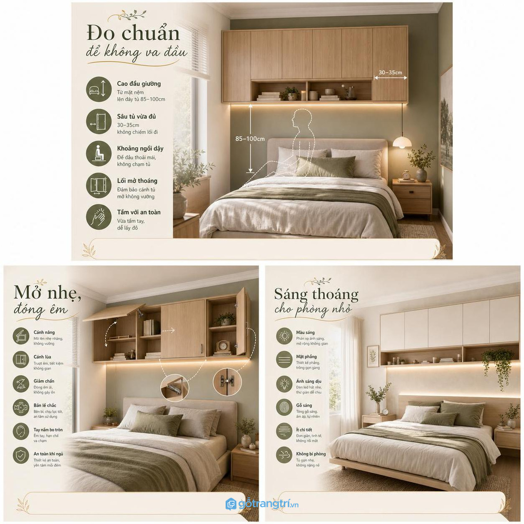 Phòng ngủ chung cư nhỏ nên dùng tủ treo nông, màu nhẹ và cánh phẳng để không nặng đầu giường.