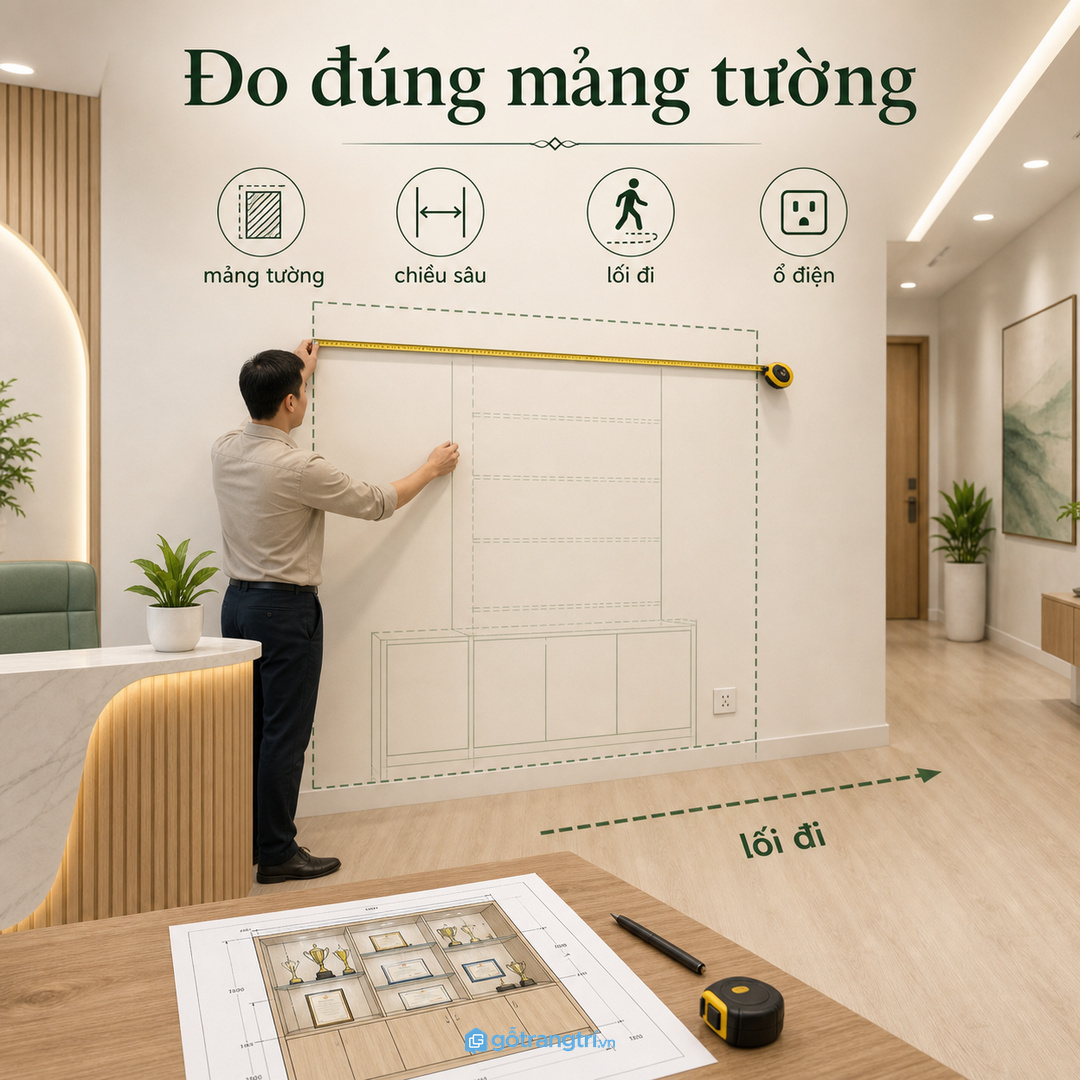 Đo đúng mảng tường, chiều sâu, lối đi và ổ điện trước khi đặt làm