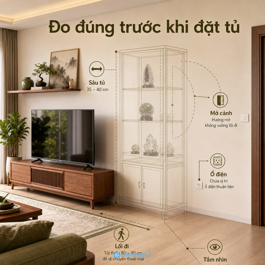 Đo đúng vị trí, chiều sâu tủ và khoảng mở cánh