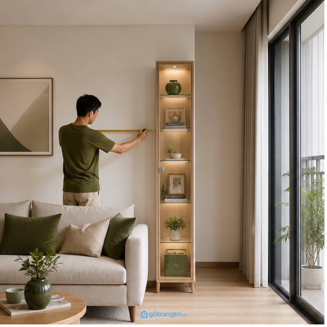 Chọn kích thước tủ theo lối đi, sofa và mảng tường thật