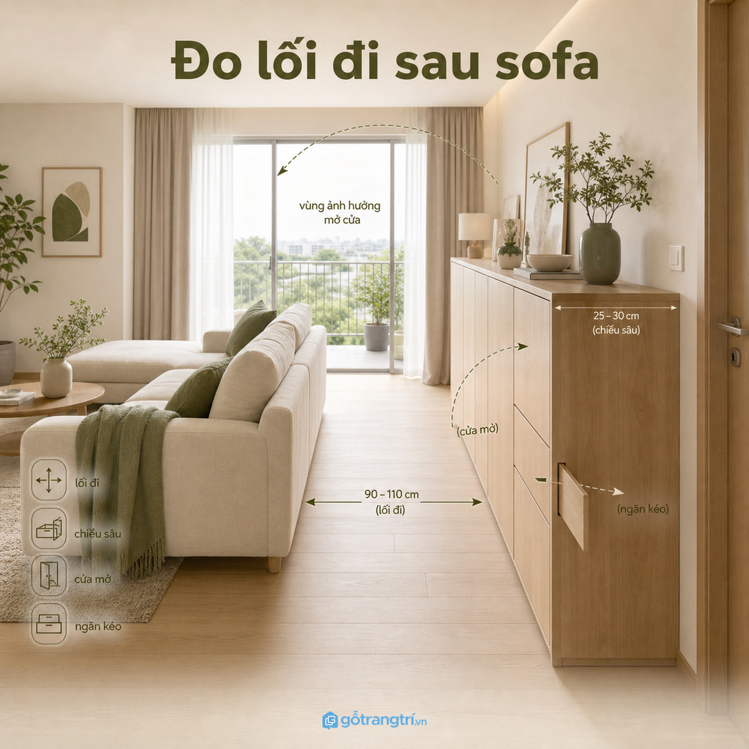 Đo lối đi và hướng mở trước khi làm tủ trưng bày mỏng sau sofa