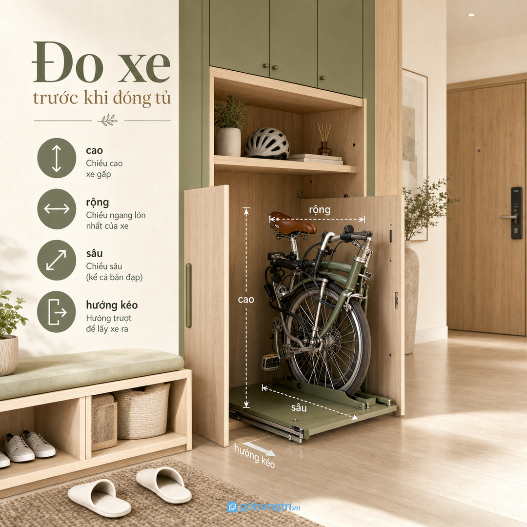 Đo xe khi gấp, khi dựng đứng và khi kéo ra khỏi tủ