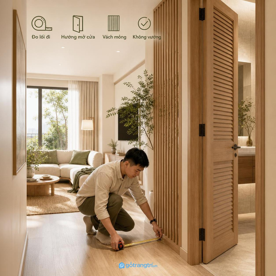 Đo hướng mở cửa và khoảng lối đi trước khi chốt vách