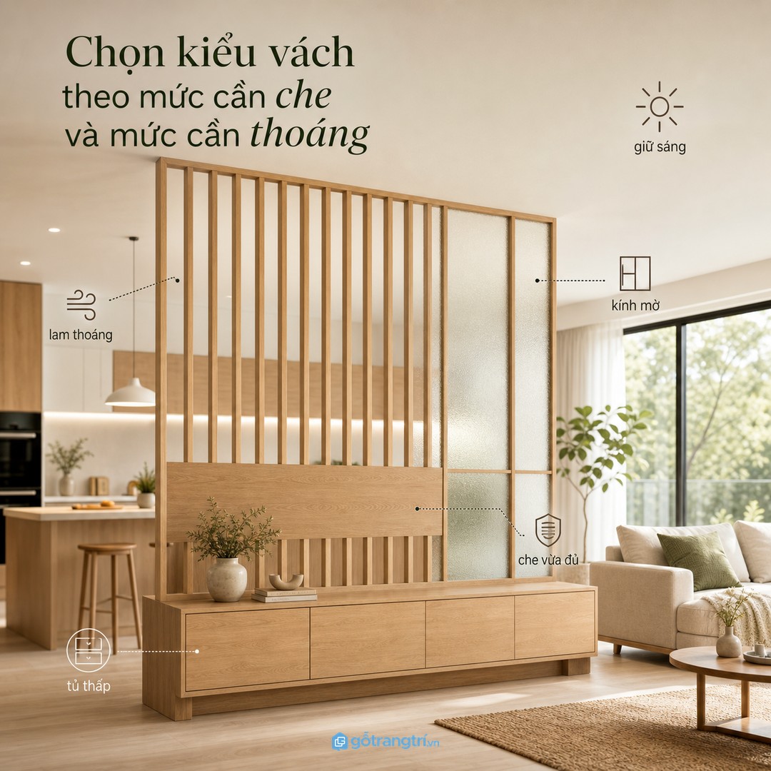 Chọn kiểu vách theo mức cần che bếp và mức cần giữ thoáng sáng