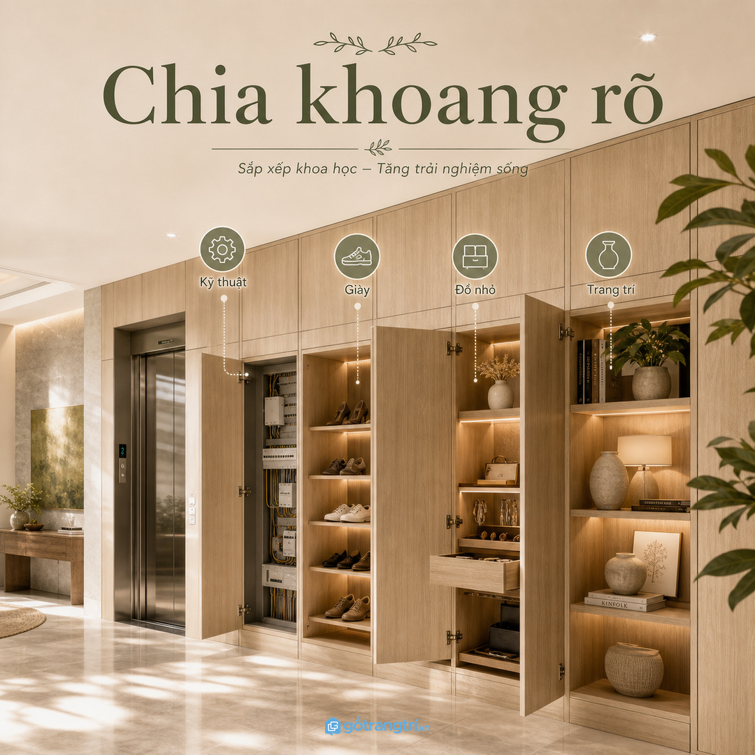 Đo lối đi và vùng mở cánh trước khi chia tủ quanh thang máy