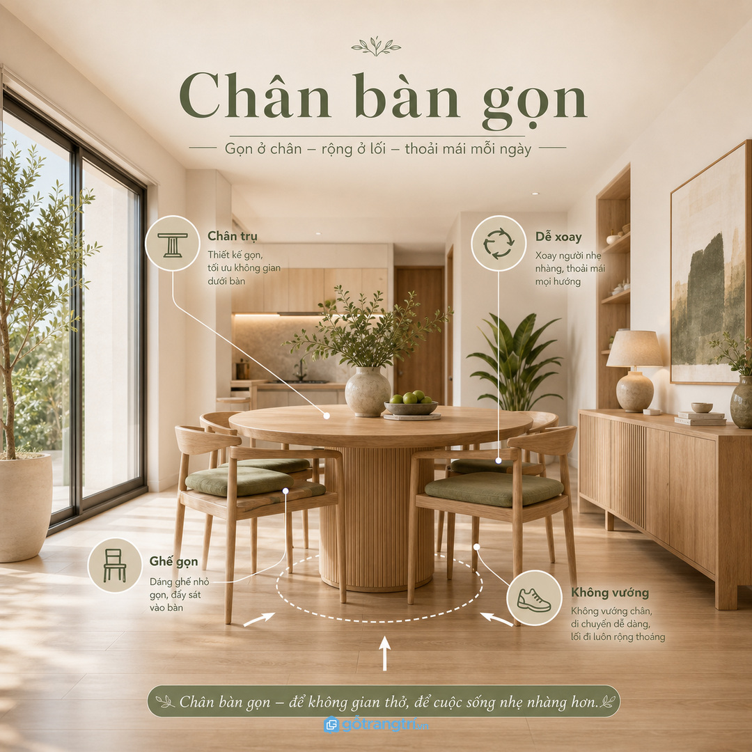 Ưu tiên chân bàn gọn để ghế đẩy vào sâu