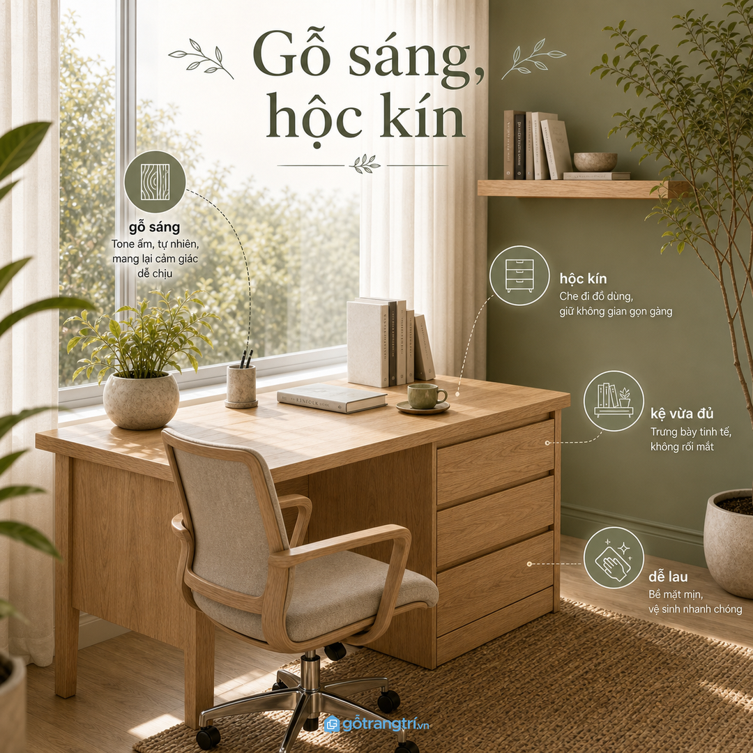 Bàn gỗ sáng, hộc kín và kệ vừa đủ giúp góc làm nhẹ mắt