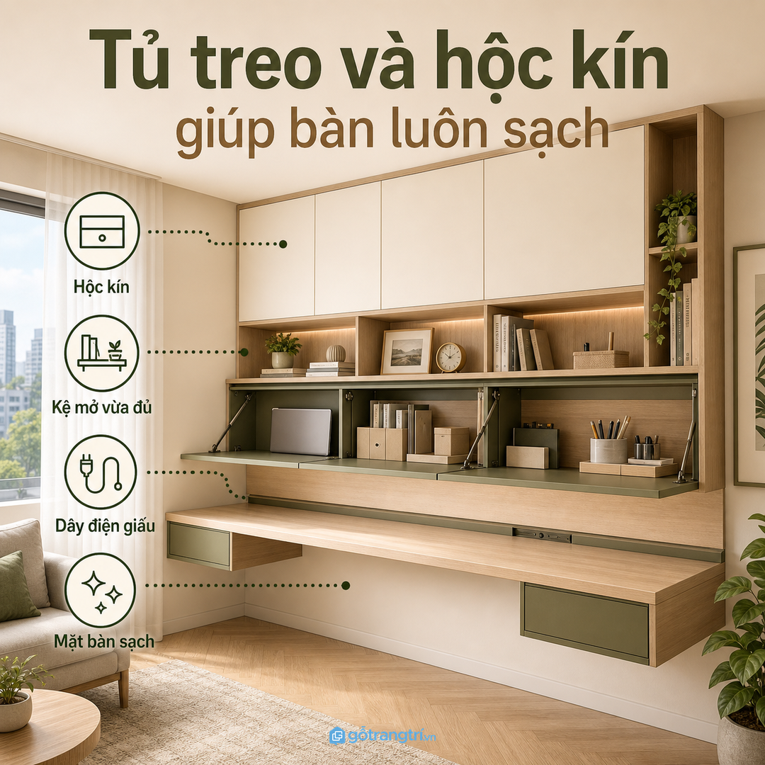Tủ treo và hộc kín giúp bàn luôn sạch