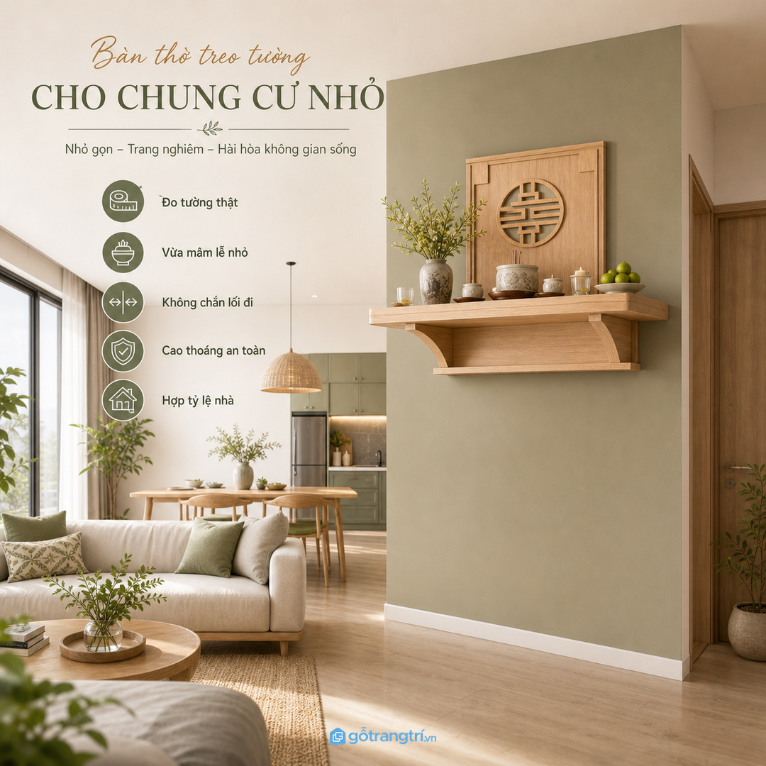 Màu gỗ tủ thờ nhỏ nên ấm, sạch và hài hòa với nội thất căn hộ