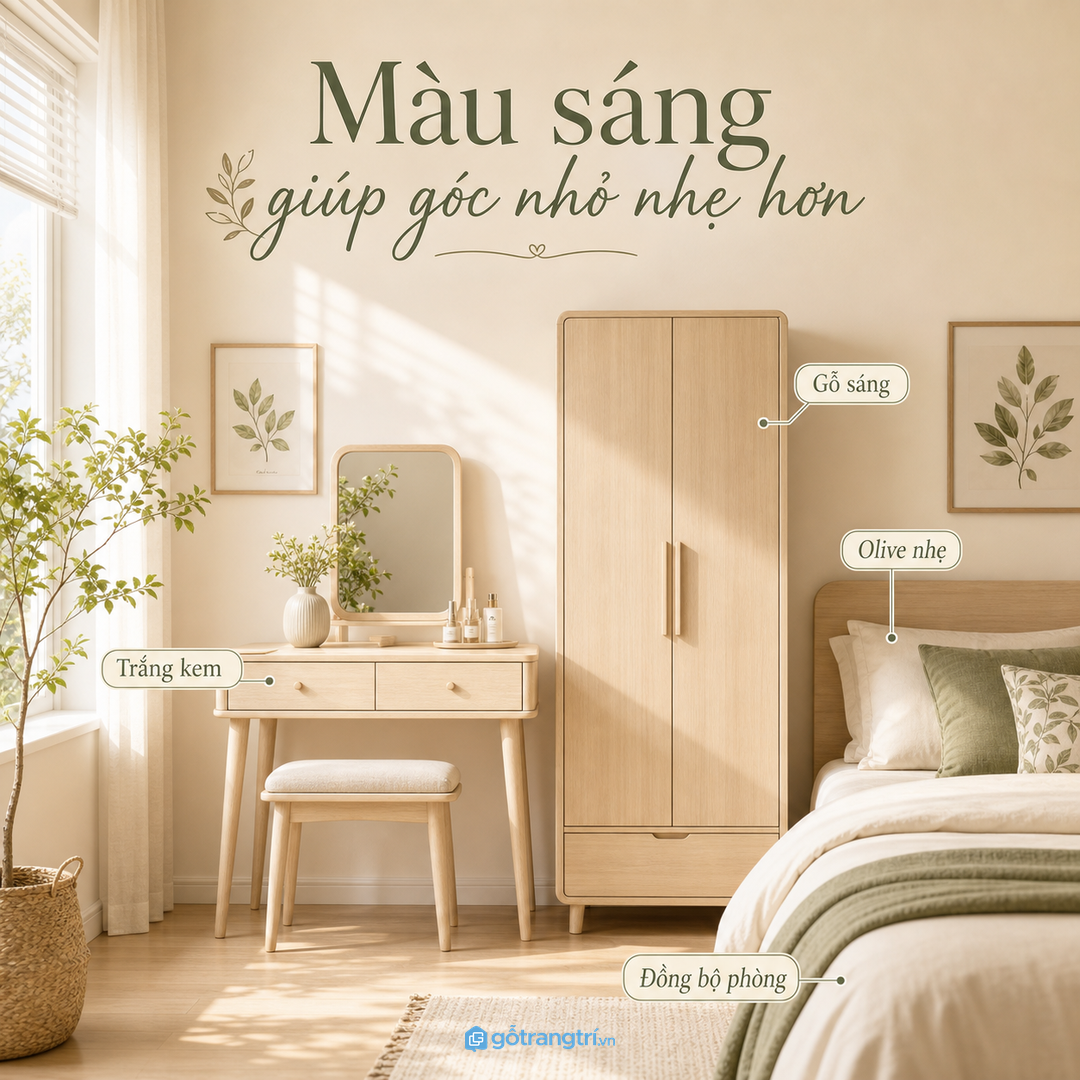 Màu sáng giúp góc trang điểm nhỏ nhẹ hơn