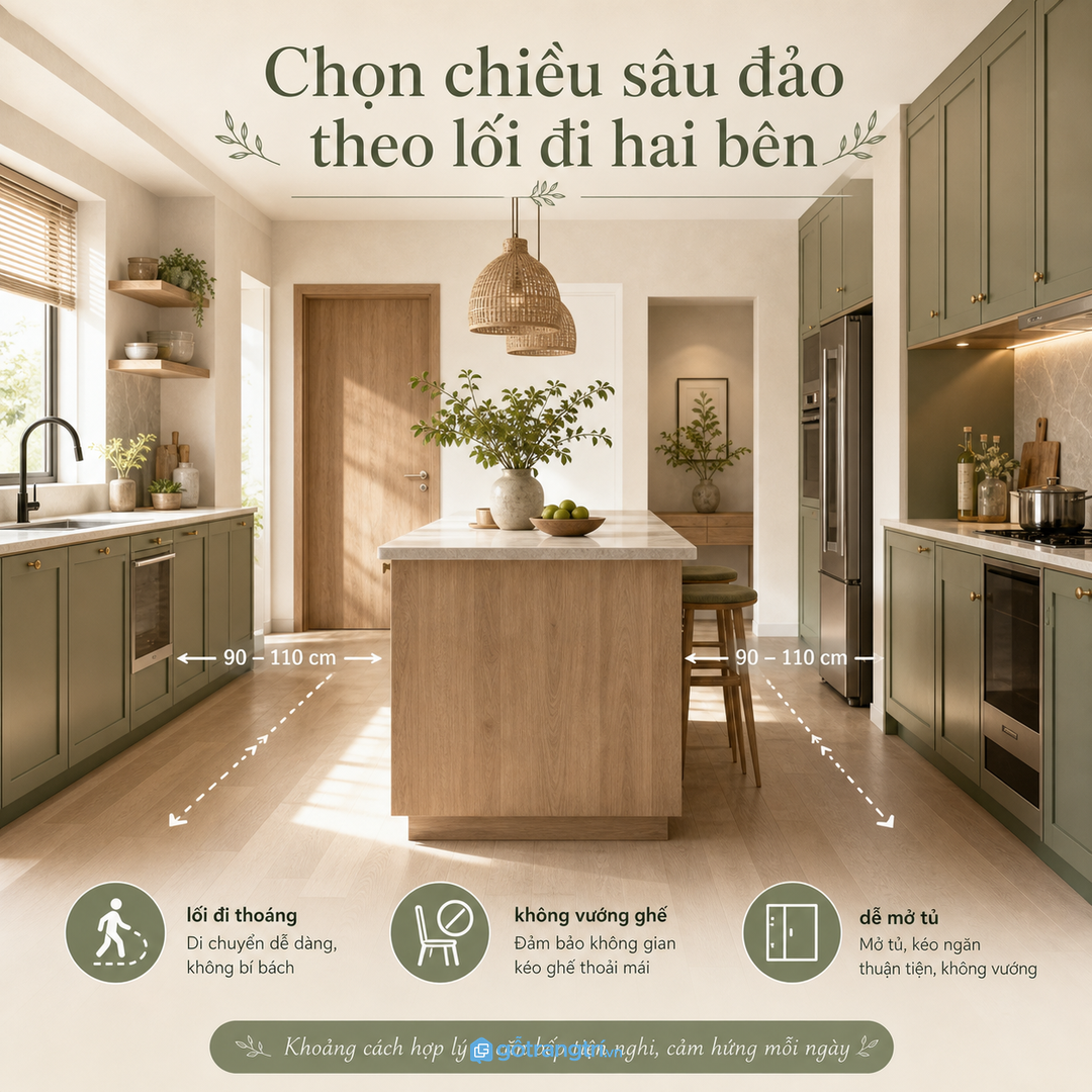 Chia khoang theo đồ dùng nhanh, mặt sơ chế và ghế ngồi giúp đảo bếp mini dễ quản lý