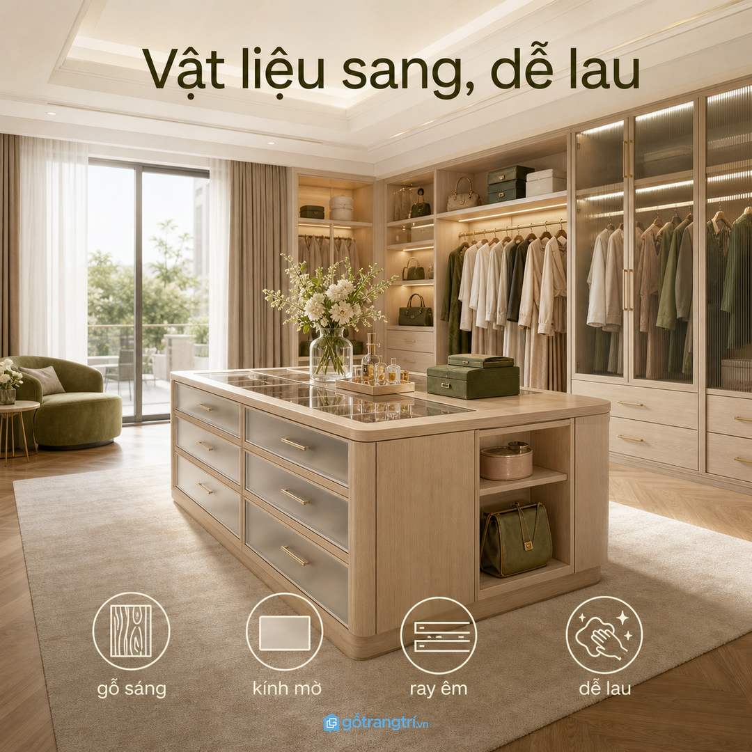 Vật liệu sang nhưng dễ lau giúp phòng thay đồ biệt thự giữ vẻ gọn lâu dài