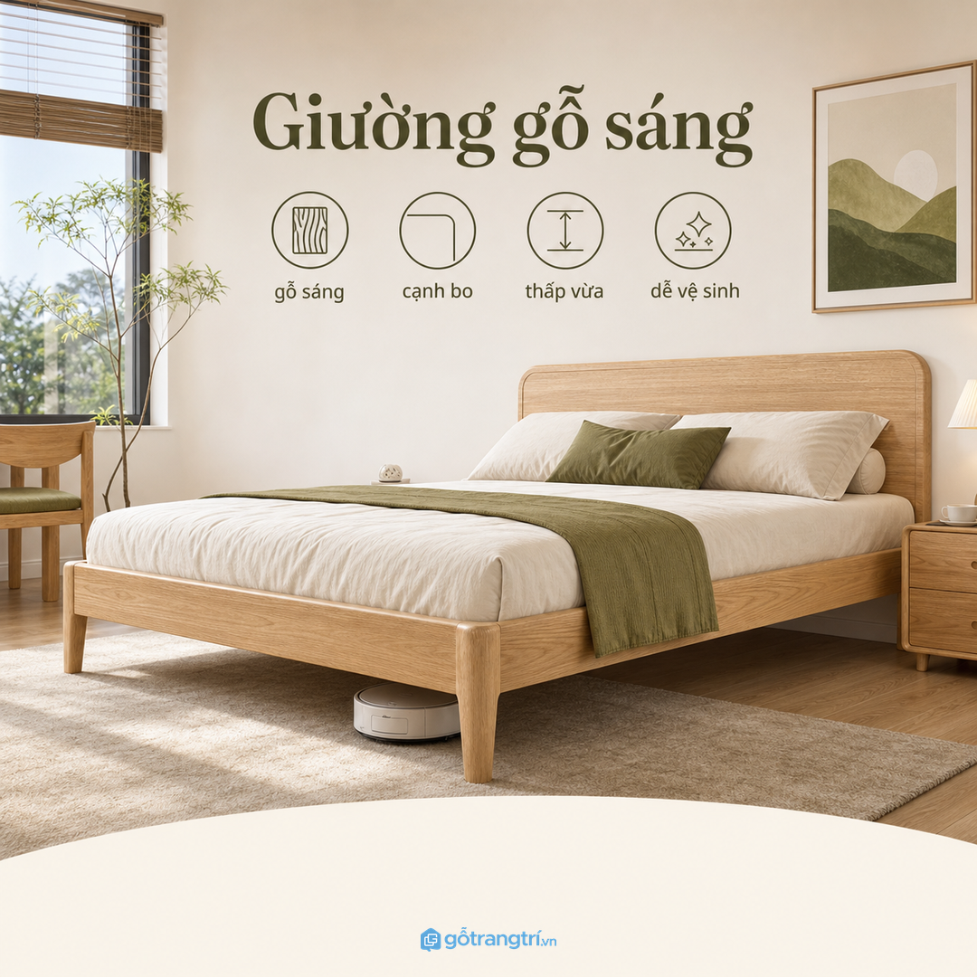 Giường gỗ sáng, cạnh bo mềm và tỷ lệ thấp giúp phòng nhẹ hơn