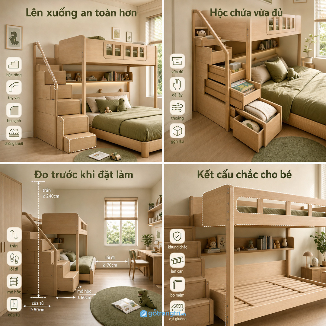 Kết cấu giường tầng cần chắc, cạnh bo mềm và lan can đủ cao