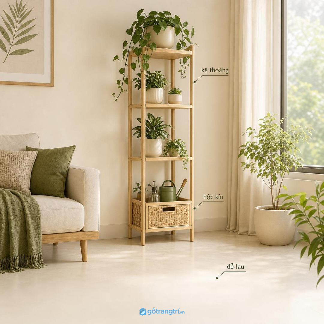 Kệ gỗ thoáng, hộc kín vừa đủ giúp góc cây gọn lâu