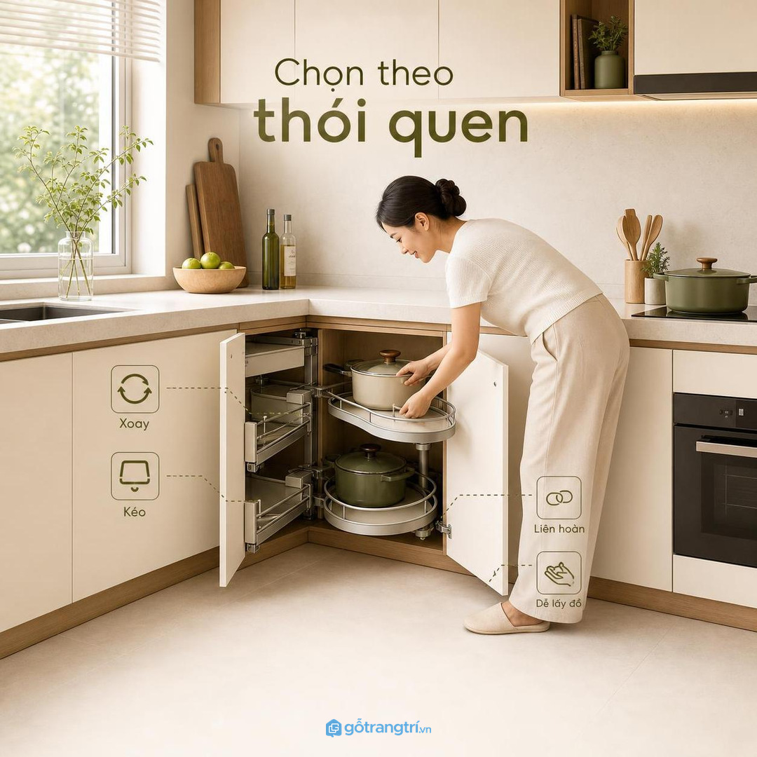Chọn kiểu kệ góc theo thói quen lấy nồi chảo và đồ dự trữ