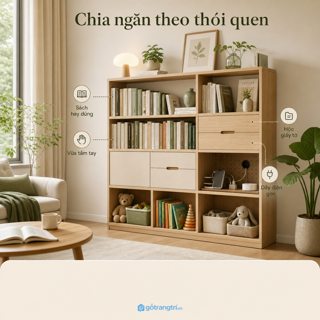 Chia ngăn theo thói quen đọc và cất đồ thật