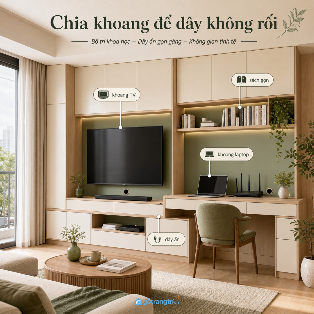 Chia khoang cho tivi, laptop, sách và dây điện