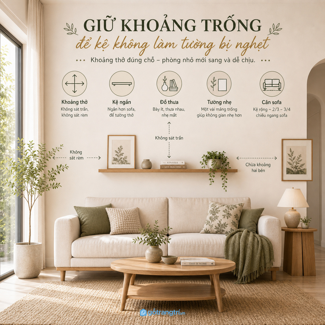Giữ khoảng trống quanh kệ để tường sau sofa nhẹ mắt