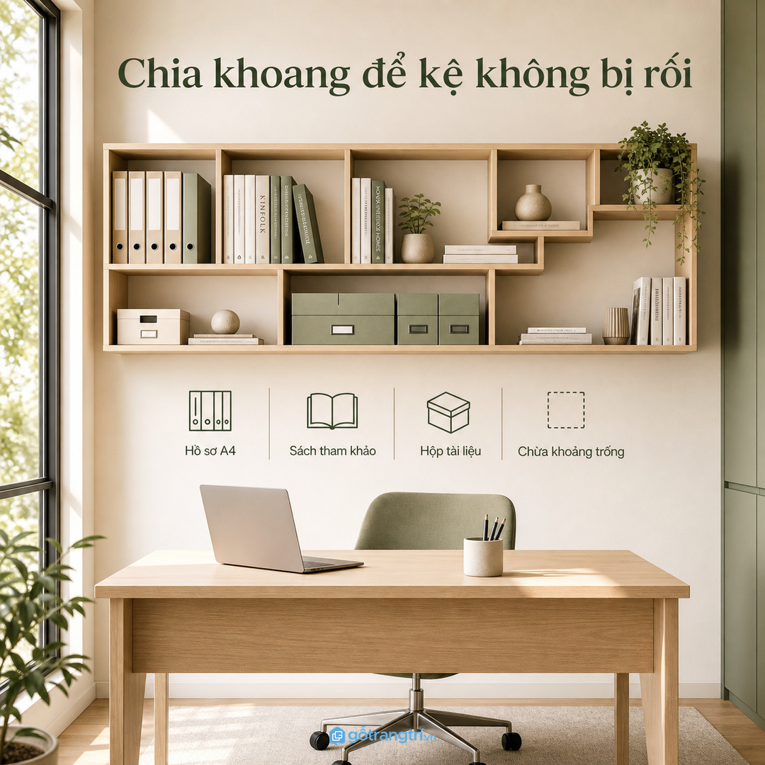 Chia khoang đúng giúp hồ sơ, sách và decor không lẫn vào nhau.