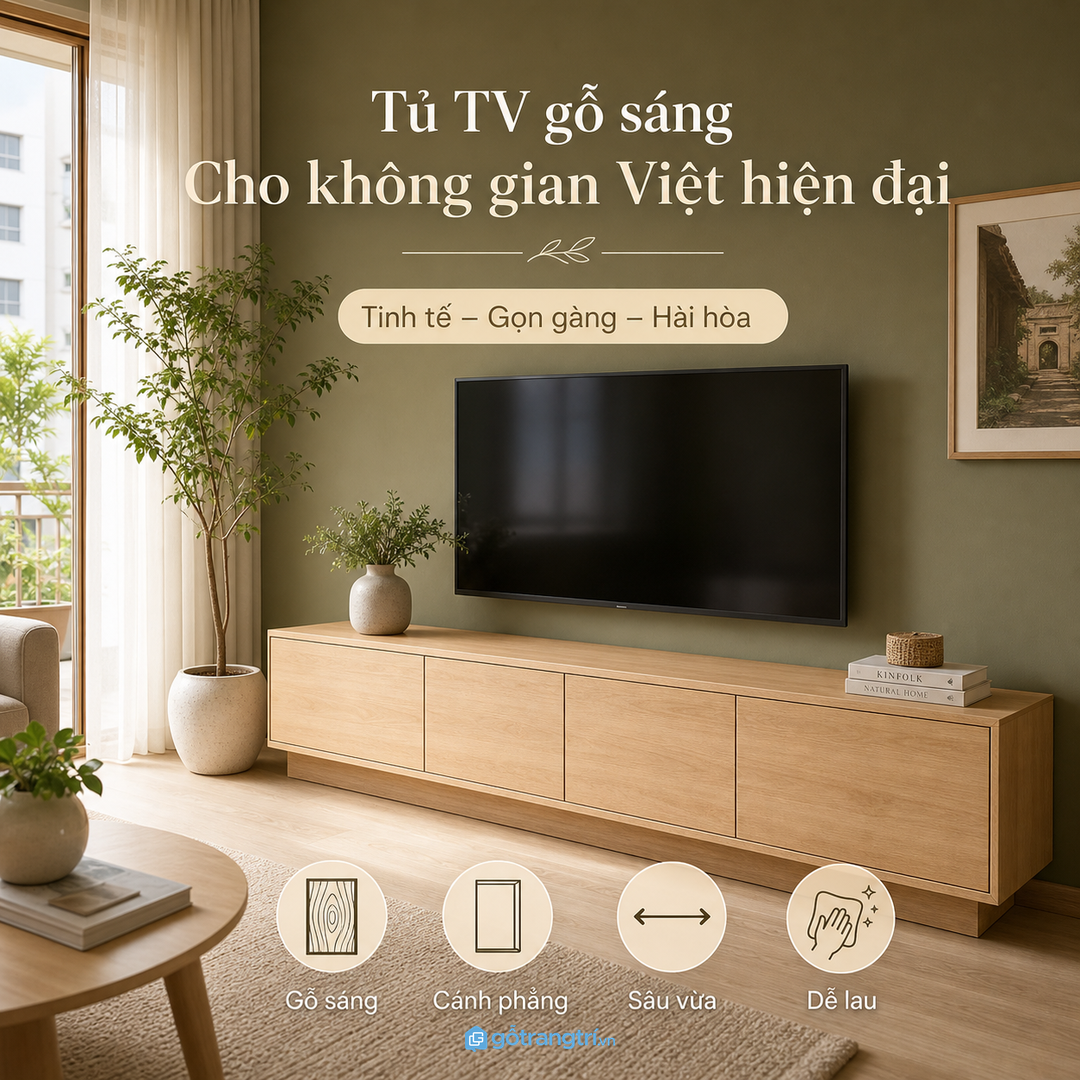 Màu gỗ sáng, cánh phẳng và chiều sâu vừa phải giúp kệ TV nhẹ mắt