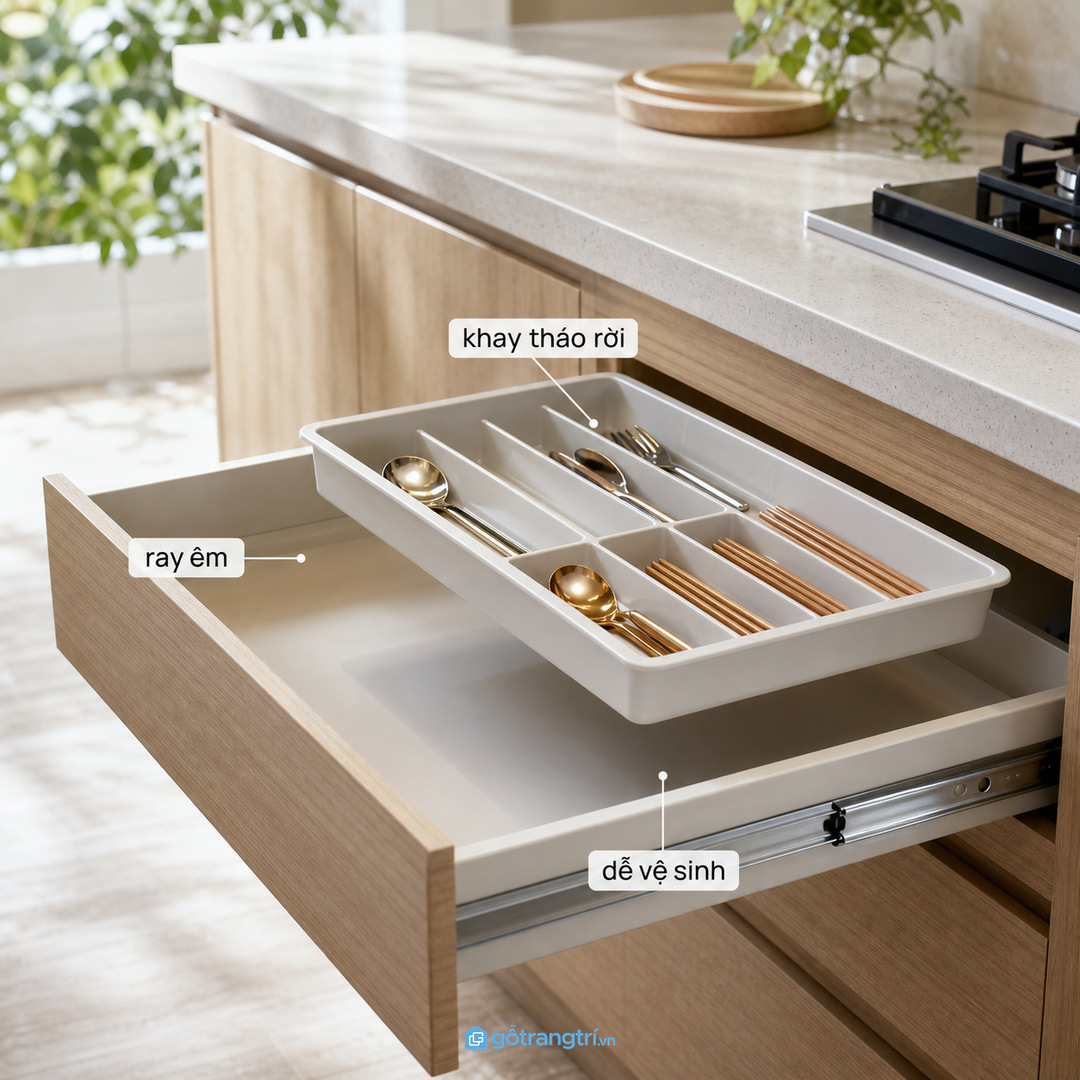 Ngăn kéo êm giúp thao tác trong bếp nhẹ hơn