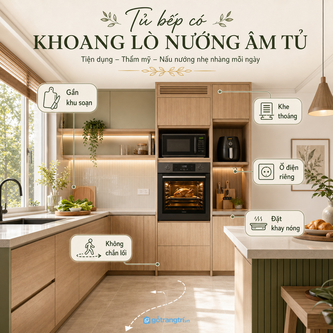 Vị trí lò nướng nên gần khu soạn đồ nhưng không chắn luồng nấu