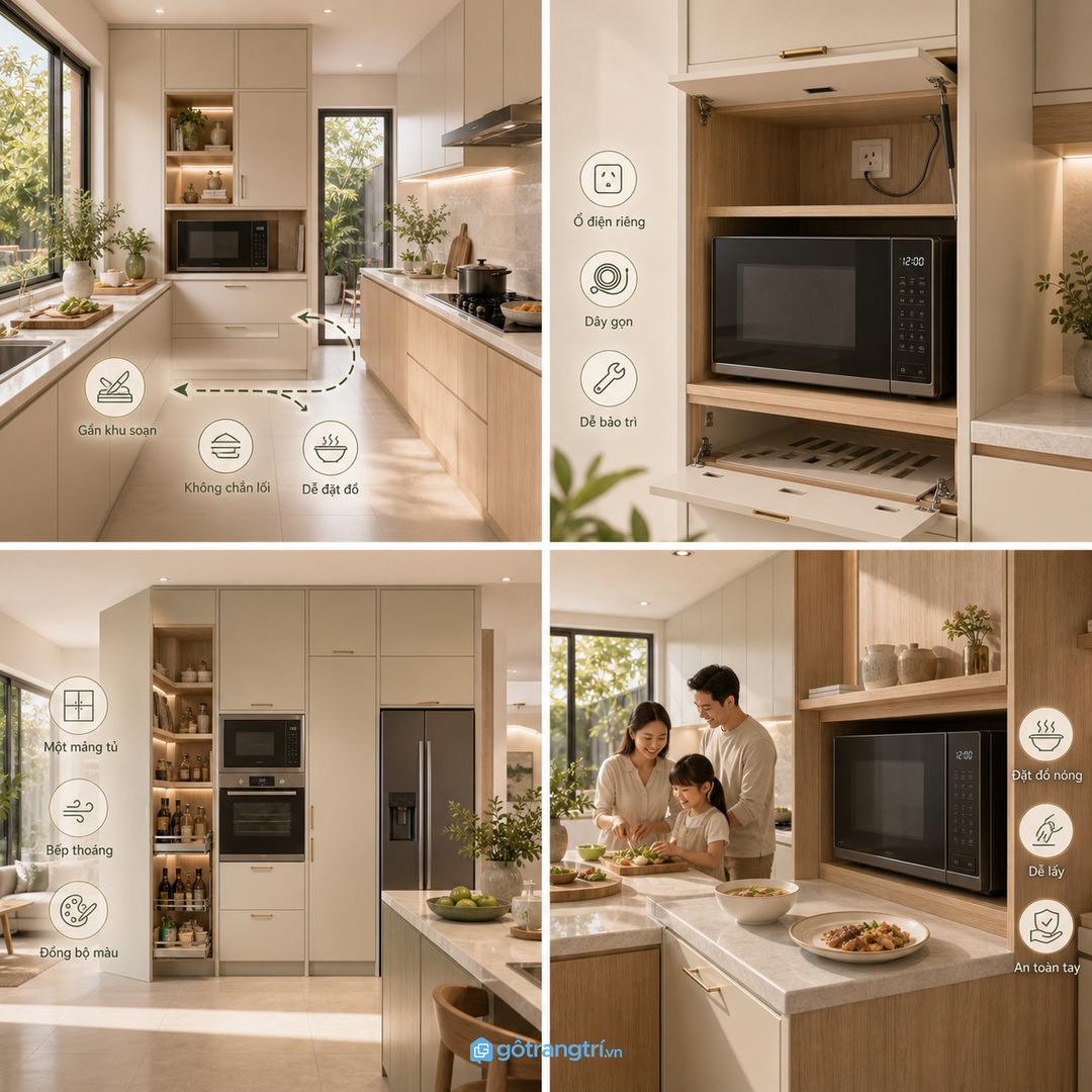 Vị trí lò vi sóng nên gần khu soạn đồ nhưng không chắn luồng nấu