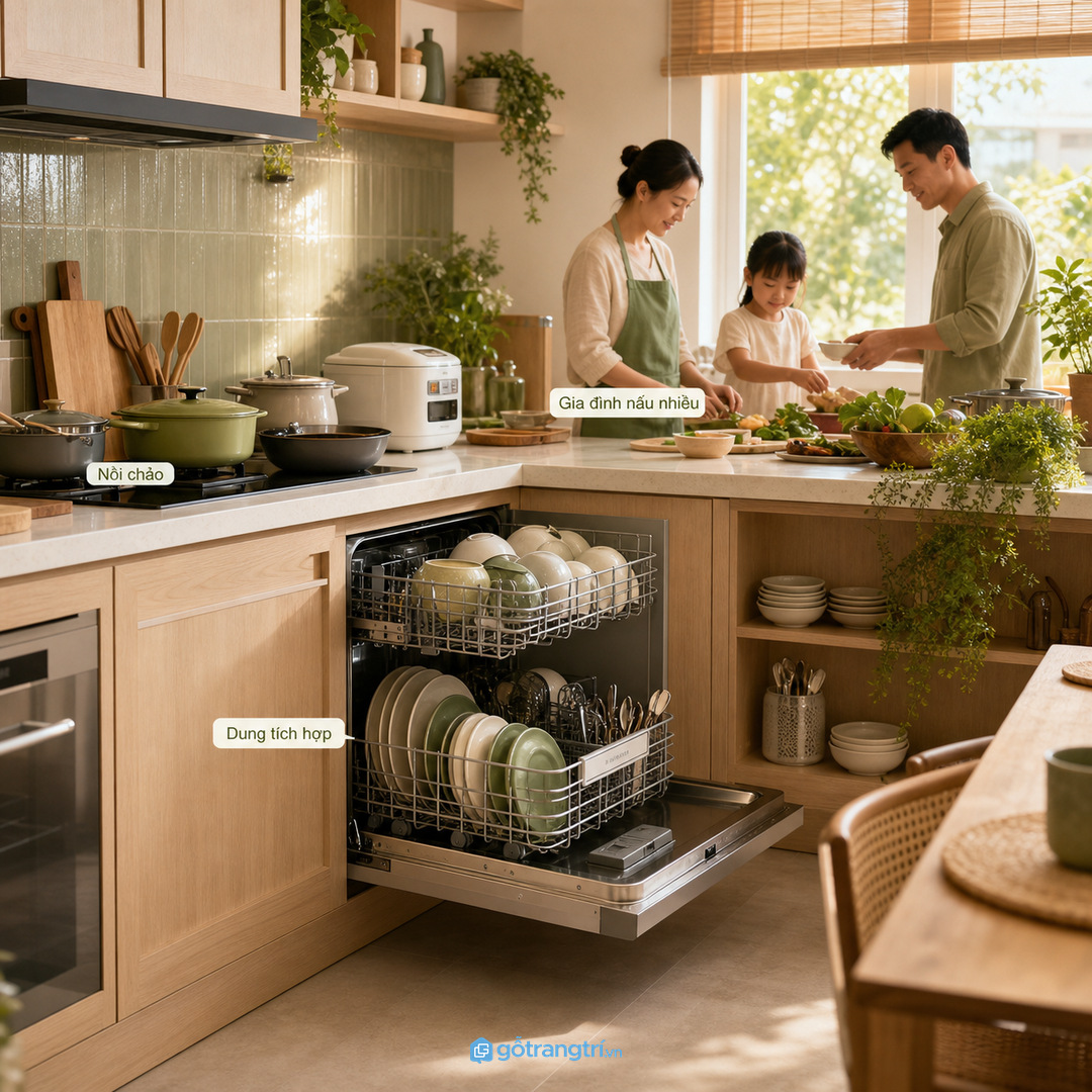 Máy rửa bát đặt gần chậu rửa giúp thao tác hằng ngày thuận hơn