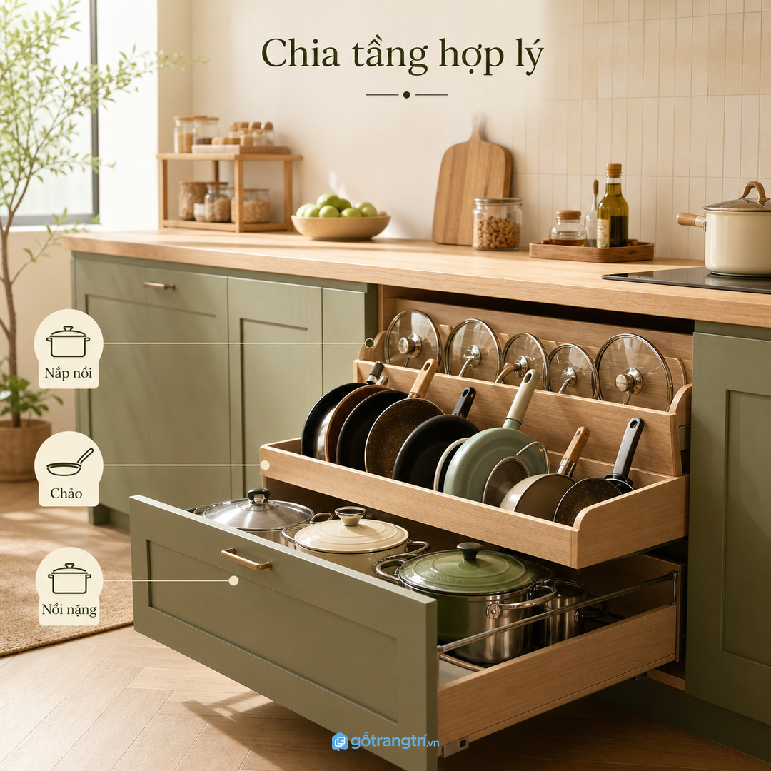 Chia tầng ngăn kéo theo nồi nặng, chảo và nắp nồi