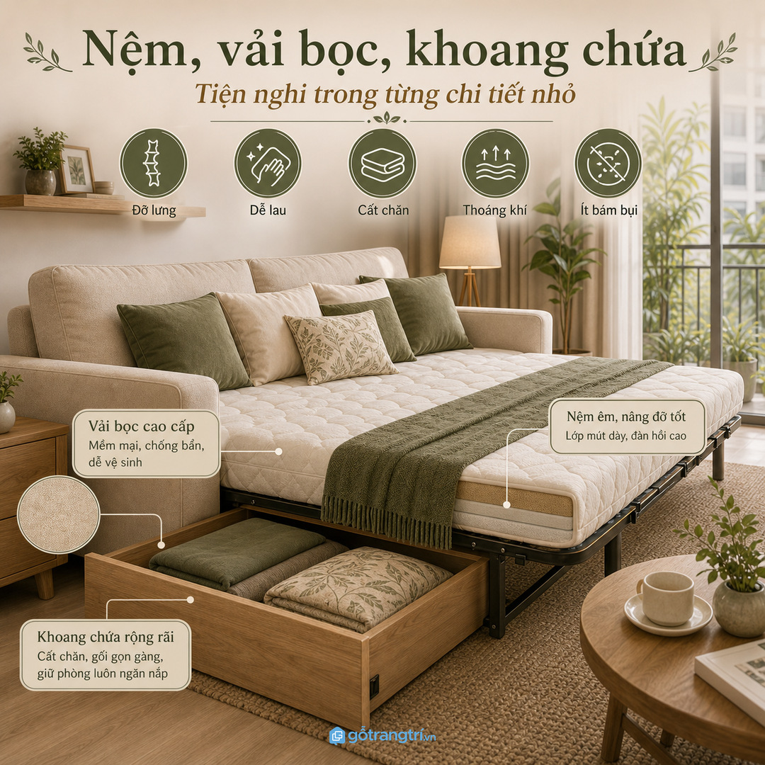 Cơ cấu sofa giường cần mở êm và thao tác được một mình