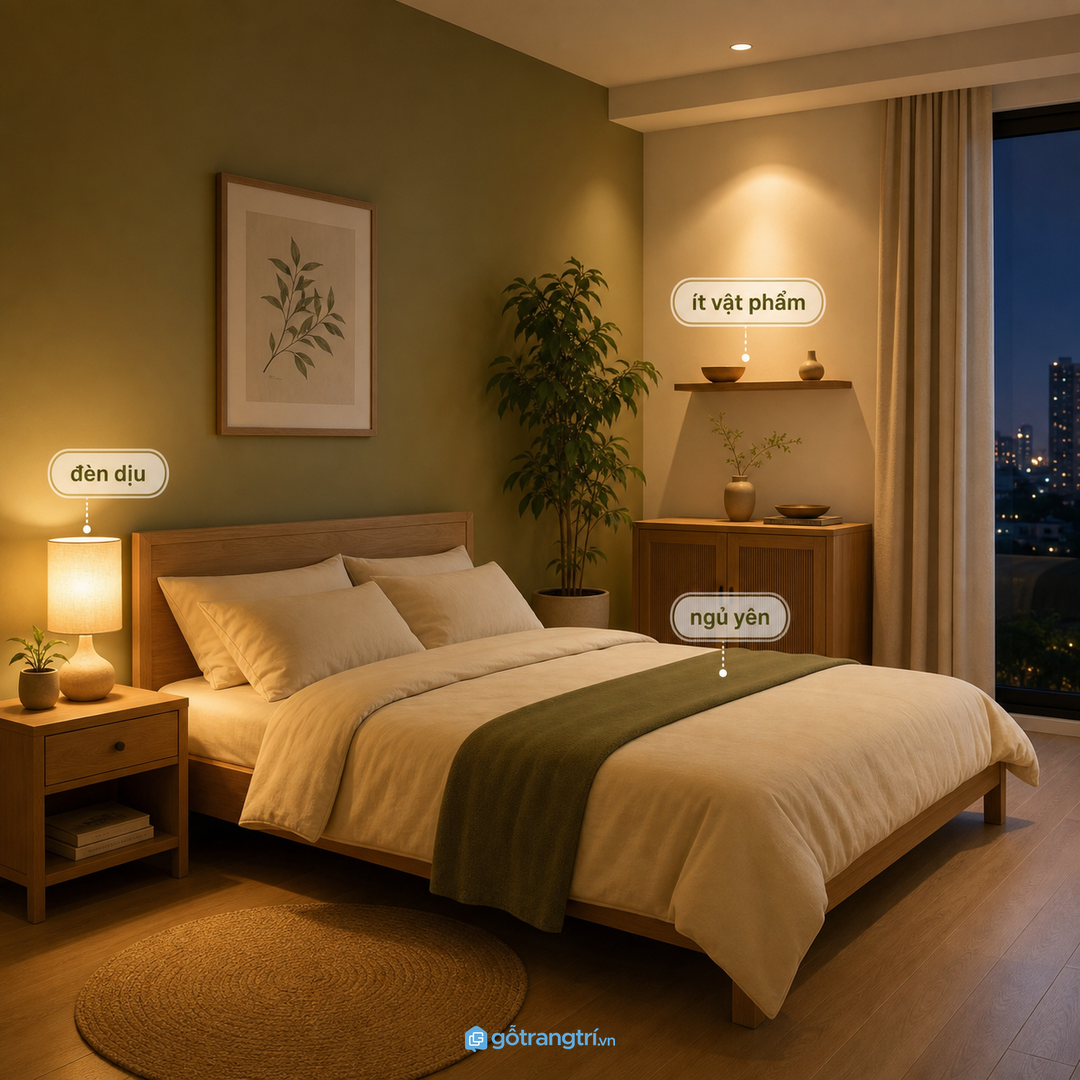 Đèn dịu và ít vật phẩm giúp phòng dễ ngủ hơn
