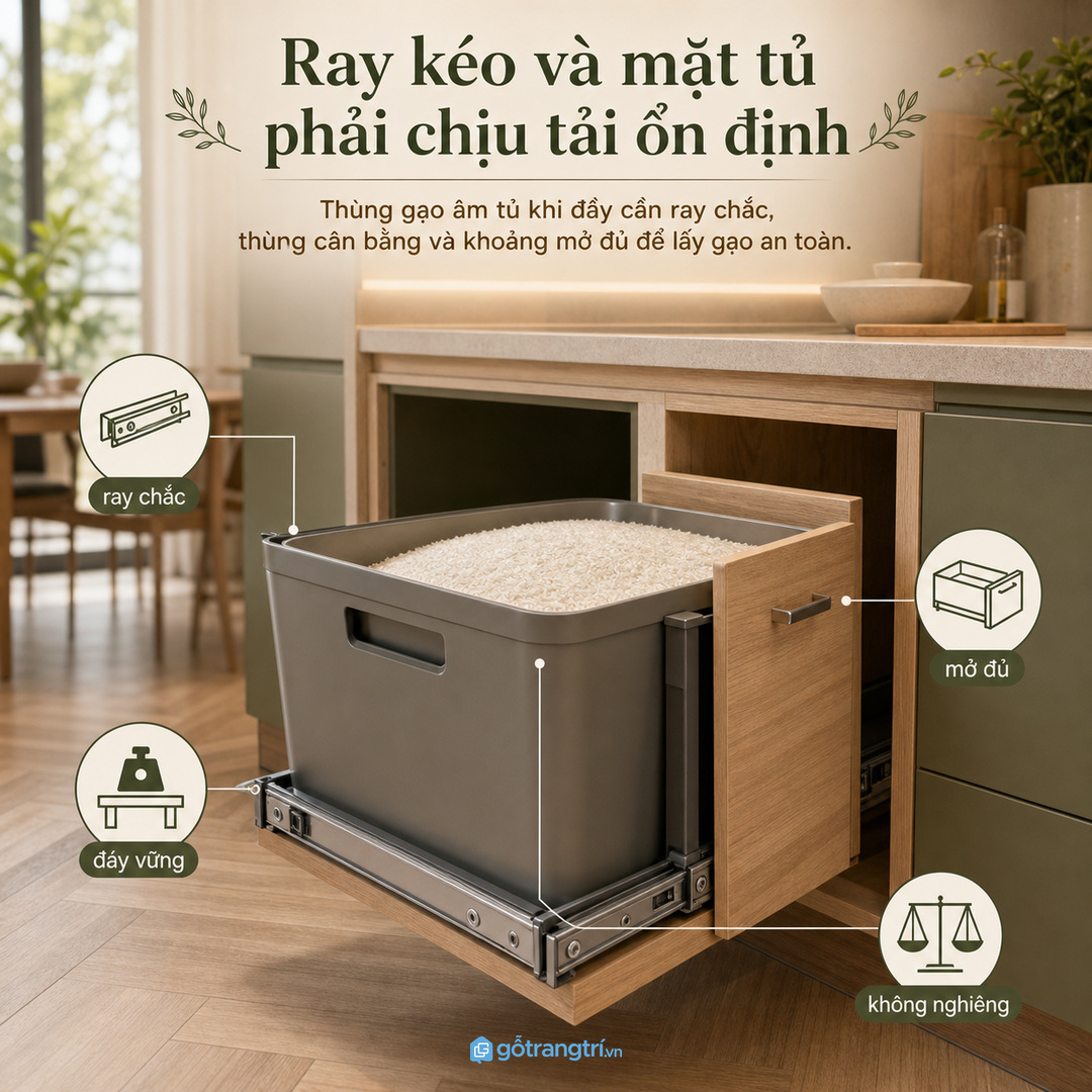 Ray kéo và đáy tủ cần chịu tải ổn định khi thùng gạo đầy