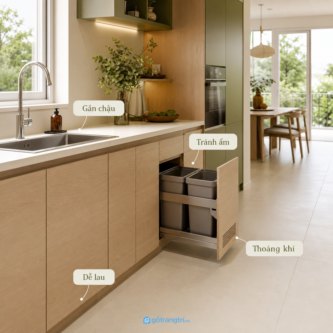 Thùng rác âm nên gần chậu rửa nhưng tránh vùng ẩm lâu