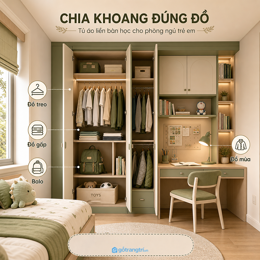 Chia khoang tủ áo theo đồ thật của trẻ
