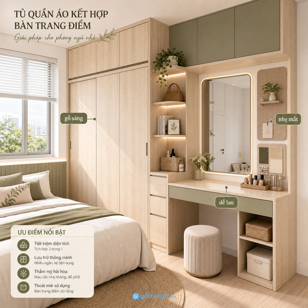 Màu gỗ sáng và bề mặt dễ lau giúp phòng ngủ nhỏ nhẹ mắt hơn
