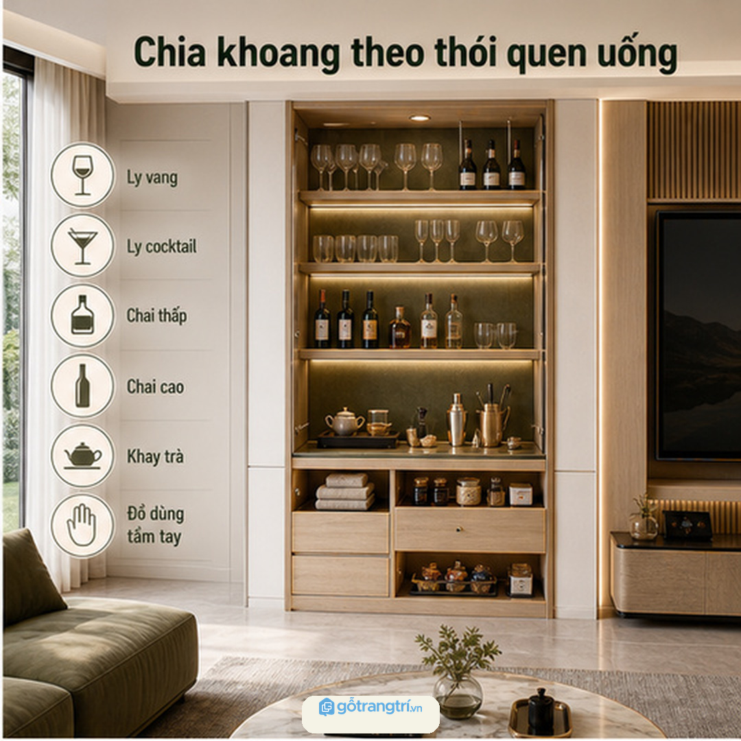 Chia khoang theo ly, chai, khăn, khay và thói quen dùng hằng ngày