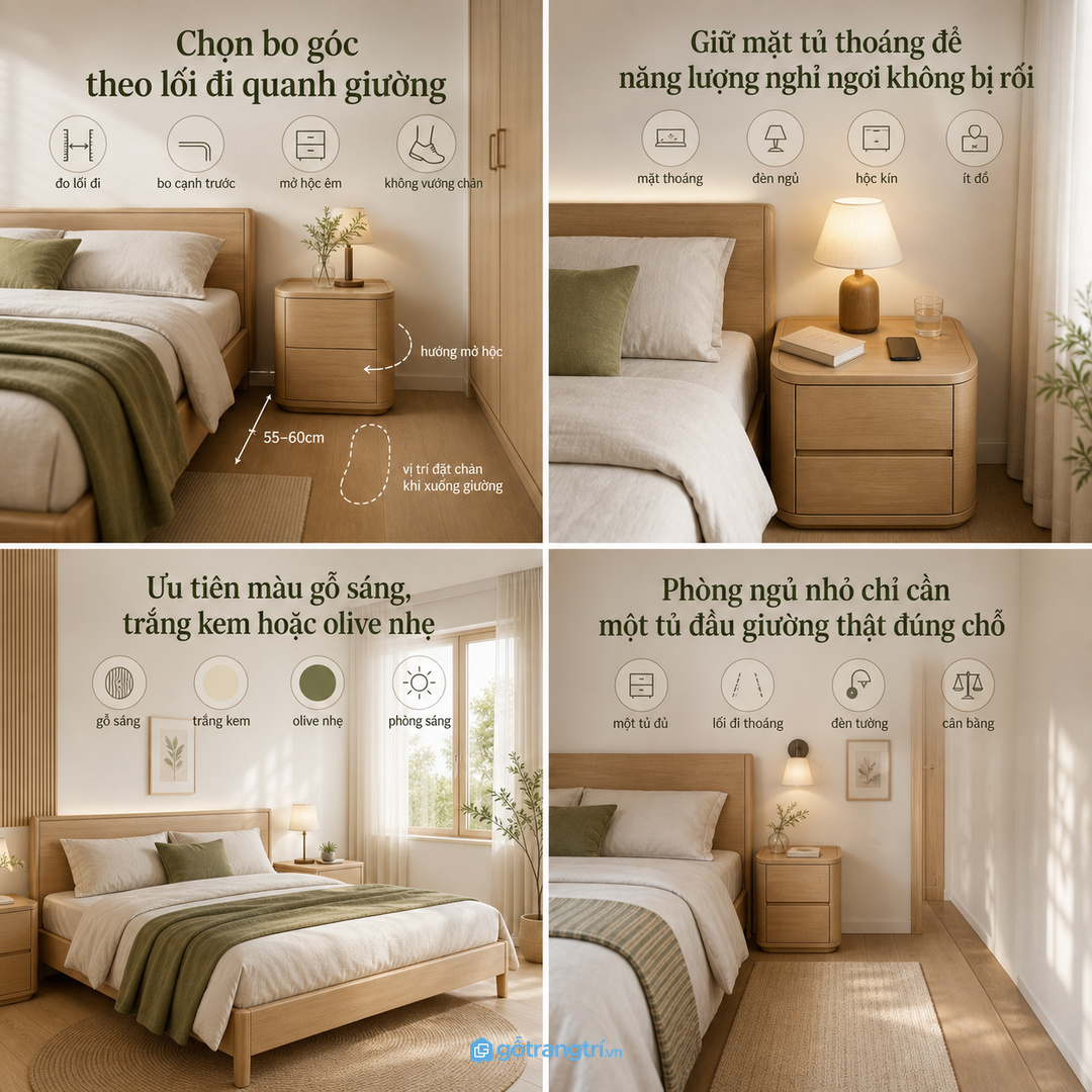 Màu dịu và vân gỗ nhẹ làm đầu giường bớt nặng
