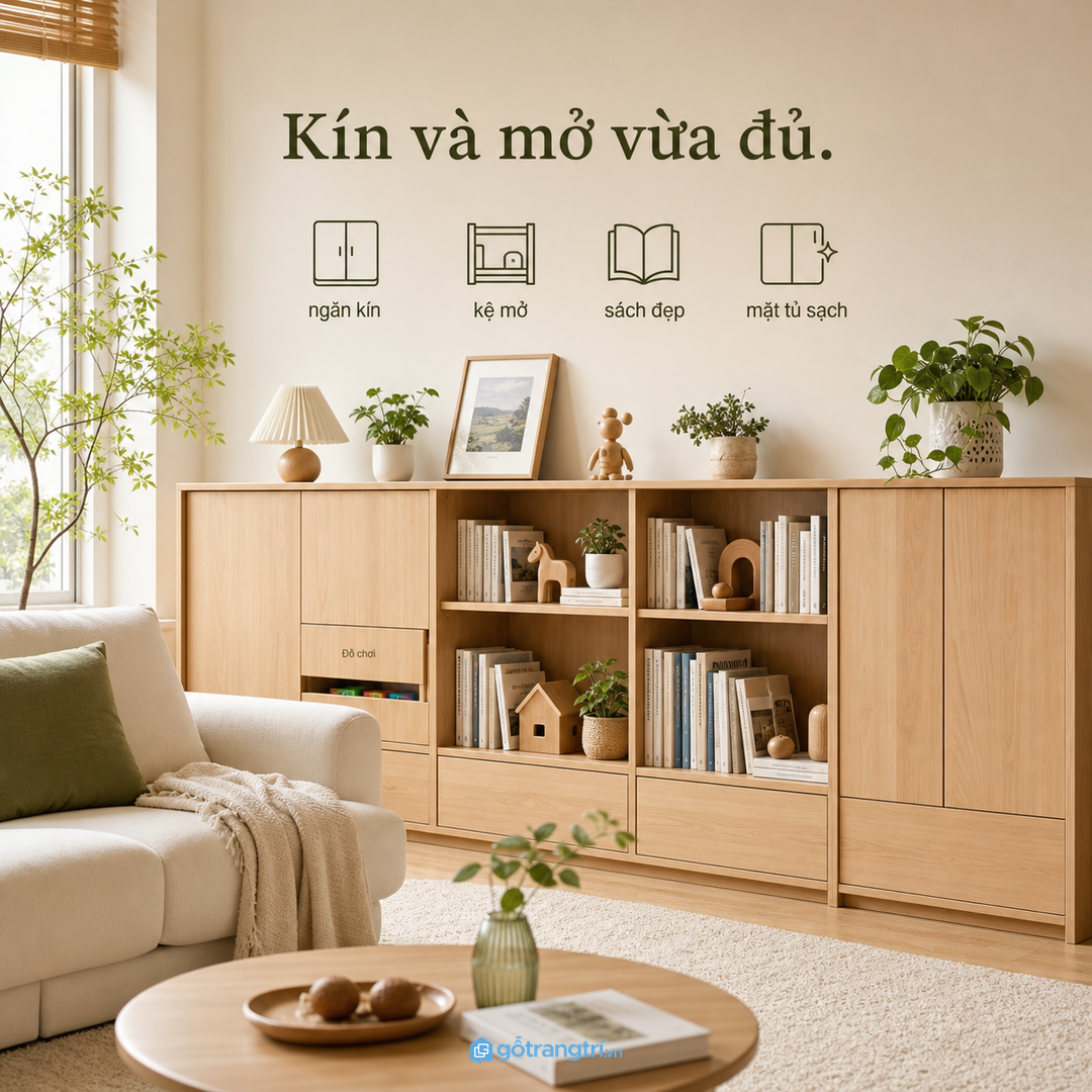 Cân bằng ngăn kín và kệ mở để phòng khách không rối