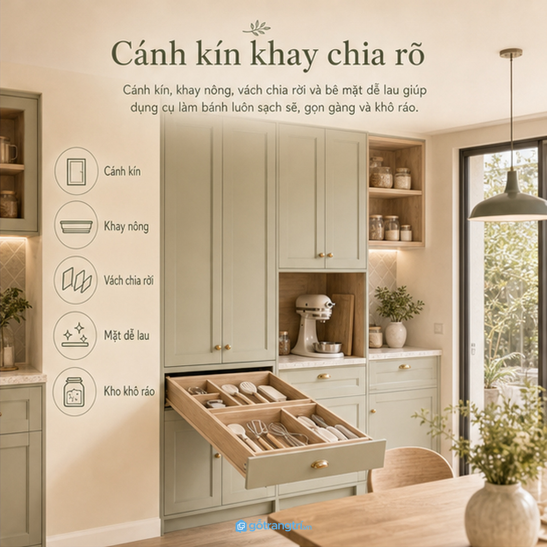Cánh kín, khay chia và vật liệu dễ lau giúp đồ làm bánh sạch hơn