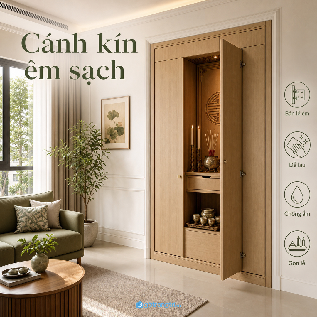 Cánh kín, bản lề êm và vật liệu dễ lau giúp tủ đồ lễ dùng lâu hơn