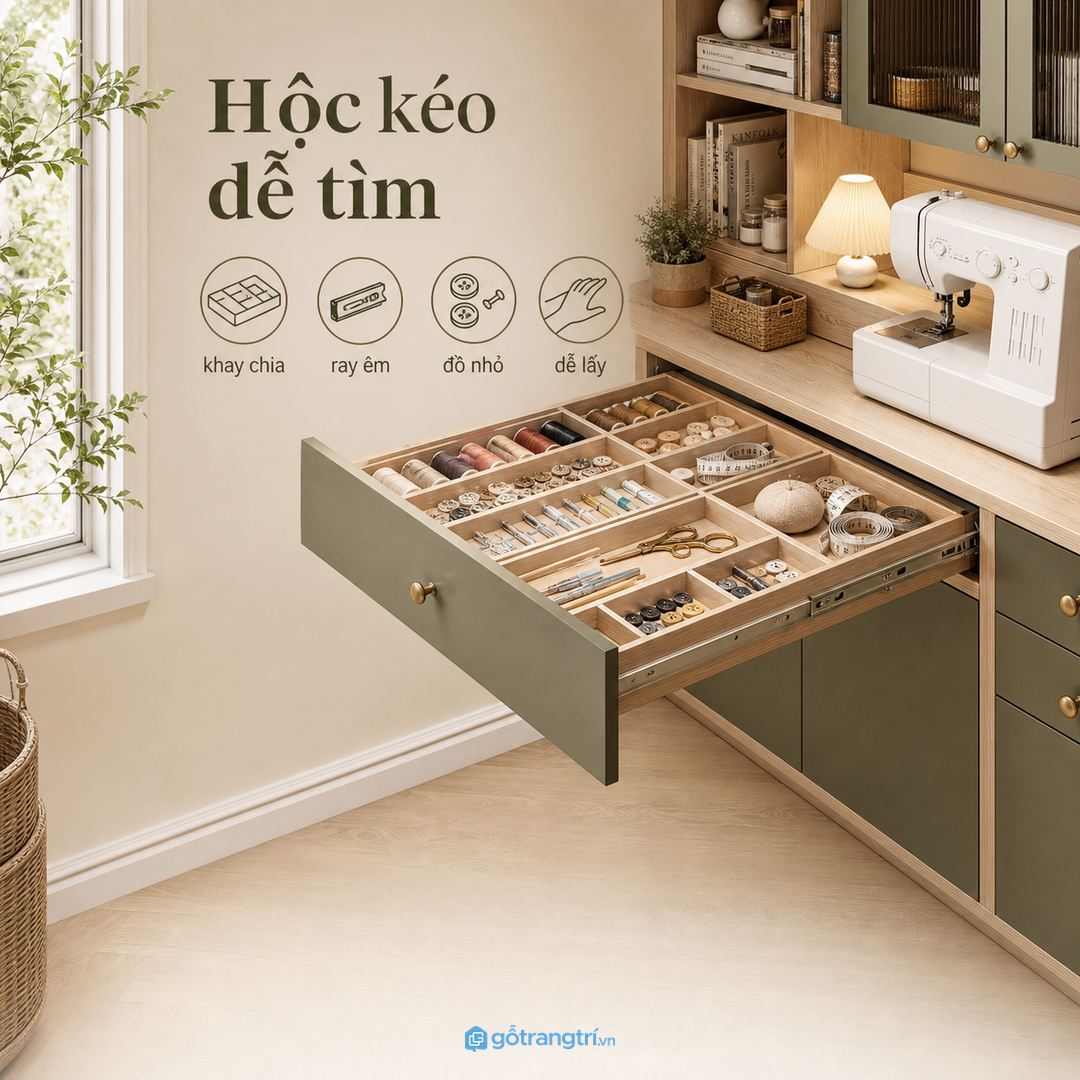 Hộc kéo nông, khay chia ô và ray êm giúp đồ nhỏ dễ tìm hơn