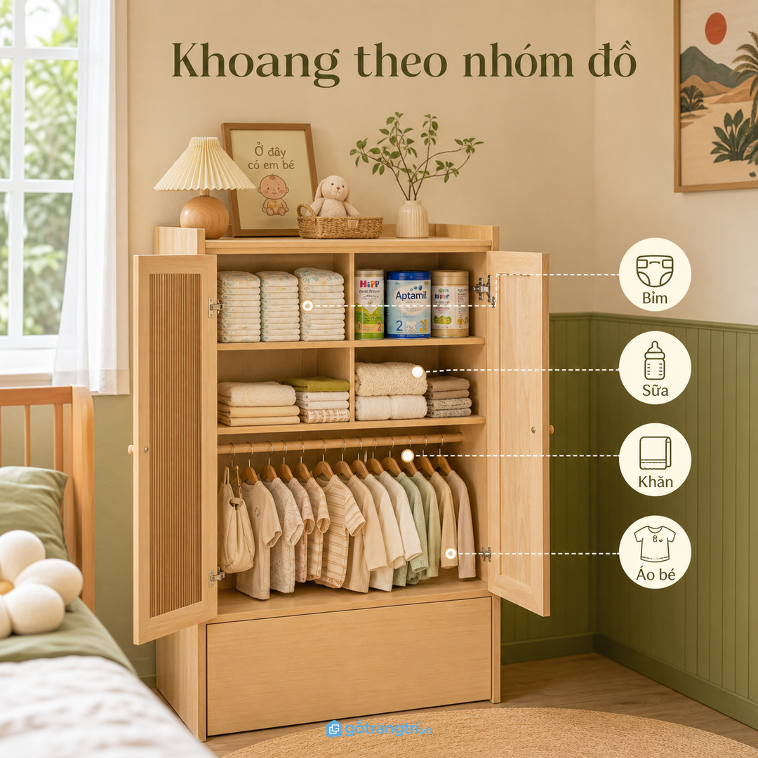 Chia khoang theo nhóm đồ giúp bỉm, sữa, khăn và áo bé dễ tìm