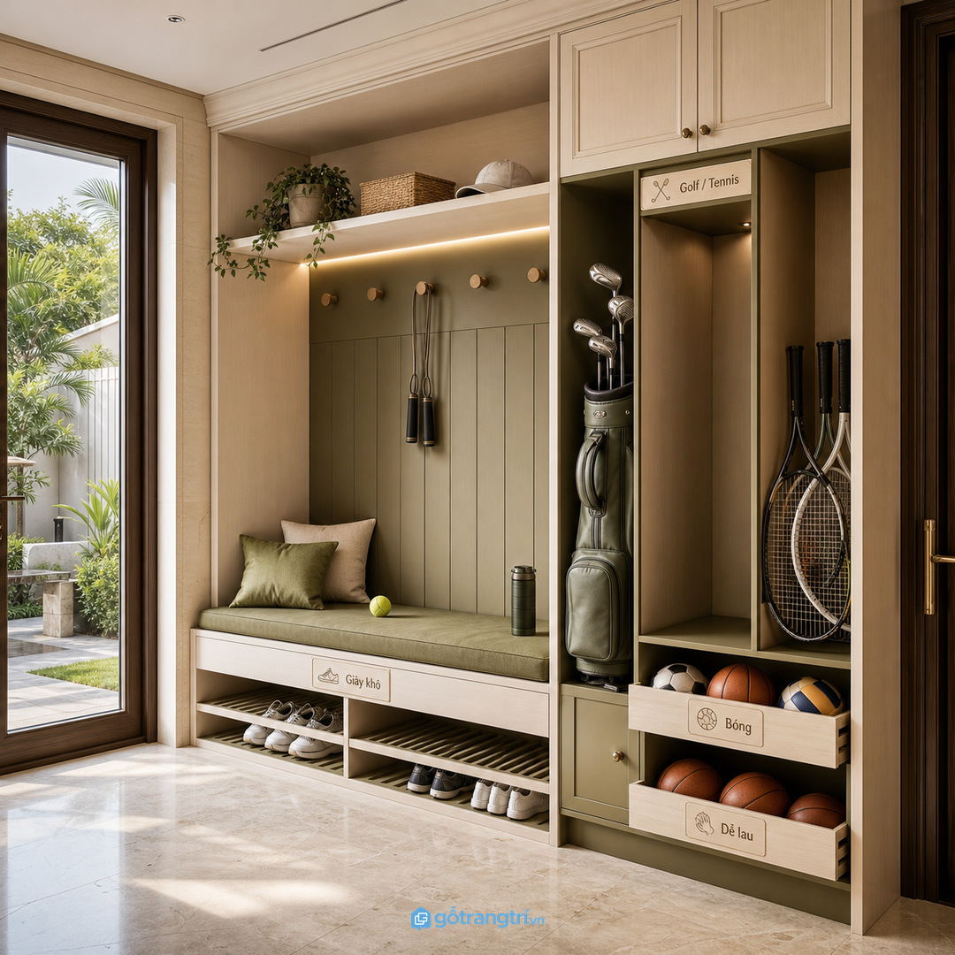 Khoang cao, khoang thoáng và hộc nhỏ giúp tủ thể thao dễ dùng hơn