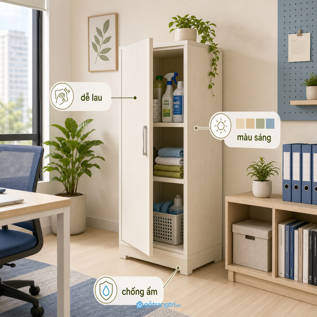 Chia khoang đứng cho cây lau, kệ khô cho giấy và hộc khóa cho hóa chất