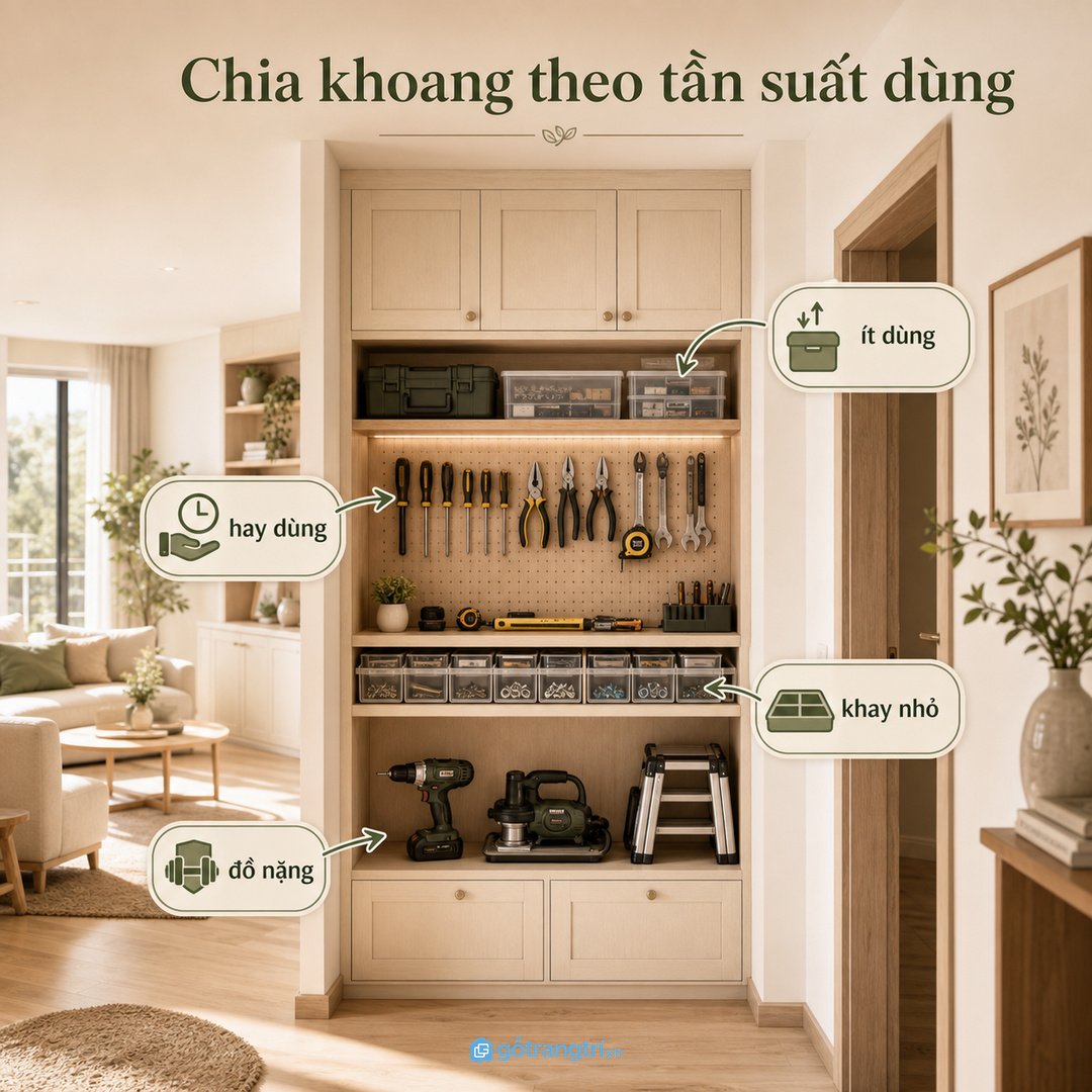 Chia khoang theo tần suất dùng giúp lấy đồ nhanh và trả đồ đúng chỗ