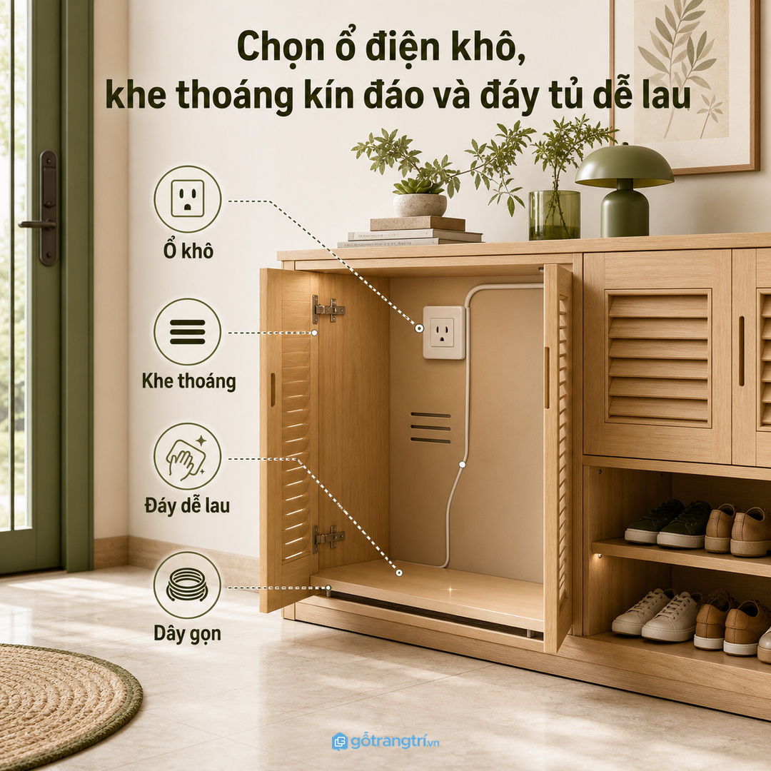 Chọn ổ điện khô, khe thoáng kín đáo và đáy tủ dễ lau
