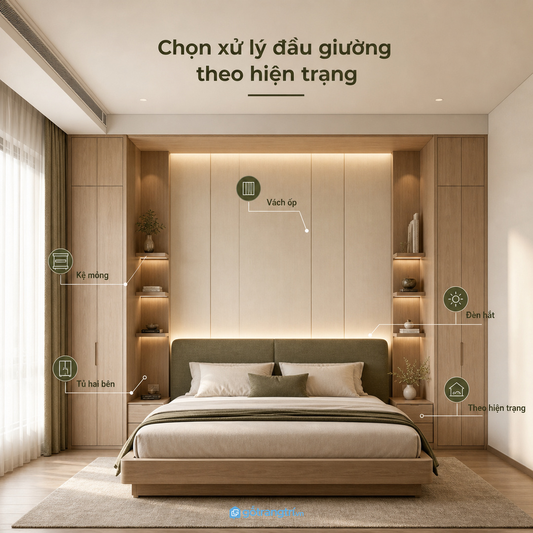 Chọn vách ốp, kệ mỏng hoặc tủ hai bên theo độ cao và thói quen dùng