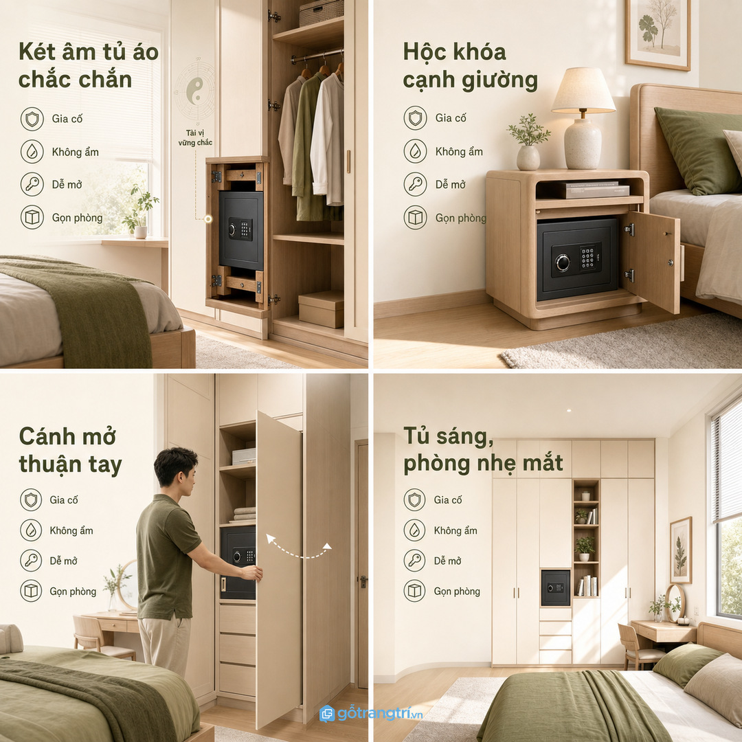 Tính khoang che, ray và bản lề theo hướng mở két